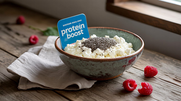 cottage cheese bowl with ounce of chia seeds and protein boost