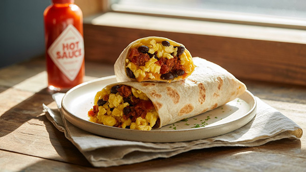 high protein breakfast breakfast burrito with hot sauce