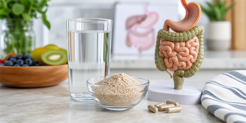 fiber supplements for constipation with water, capsules, and a digestive model