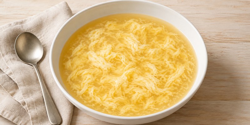 Overhead bowl of diverticulitis egg drop soup on a light wood surface
