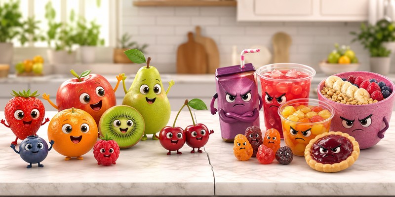 Fruits to avoid for inflammation banner with happy whole fruit and grumpy sugary fruit forms