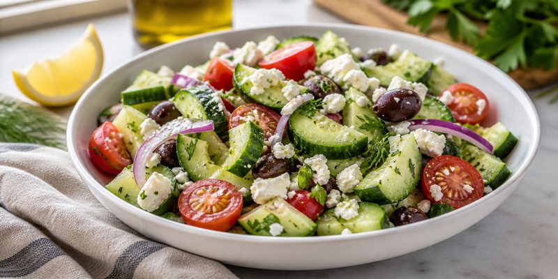 Mediterranean cucumber salad recipe in a white bowl with natural cucumber slices, tomatoes, feta, olives, herbs, lemon, and olive oil