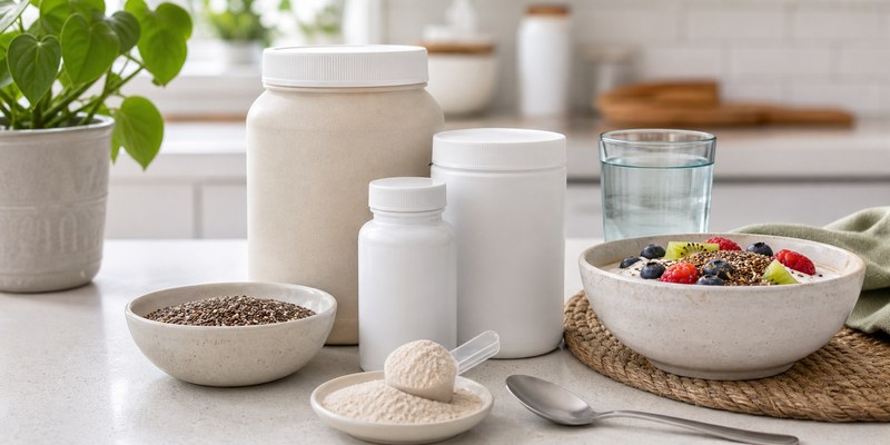 Nine fiber supplement formats arranged beside water, oats, fruit, and measuring spoons