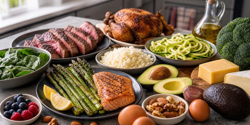 low-carb diet foods arranged with steak salmon eggs avocado broccoli and berries