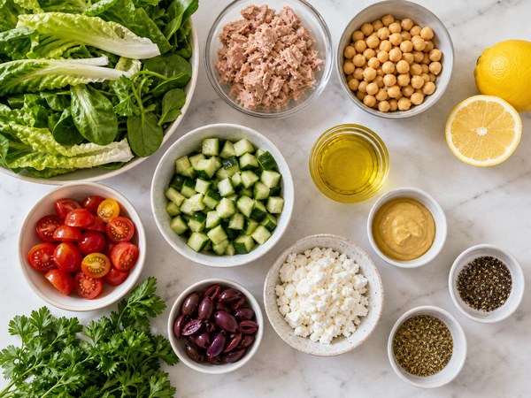 Ingredients for mediterranean diet salad recipes arranged on a kitchen counter