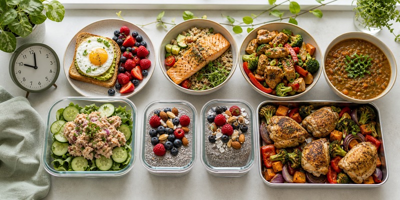 Balanced intermittent-fasting meals arranged beside a kitchen clock