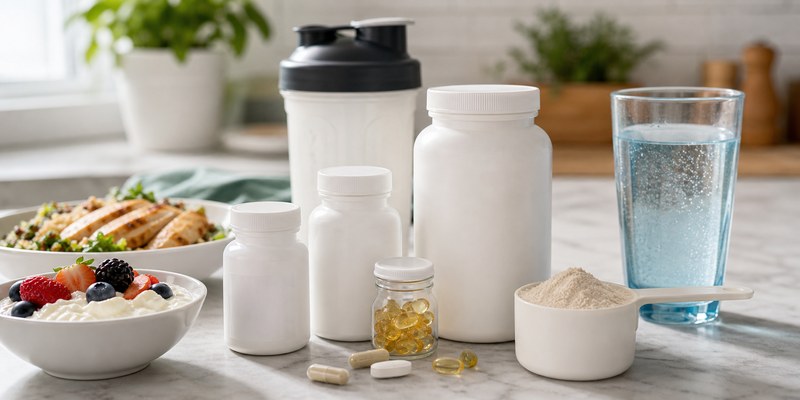 Protein powder, water, foods, and supplement bottles arranged for GLP-1 nutrition support