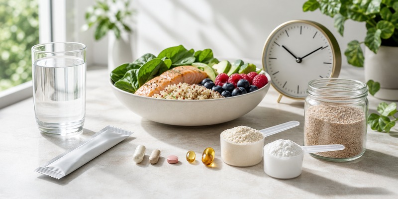 Supplement bottles, water, coffee, and a clock arranged for an intermittent-fasting routine