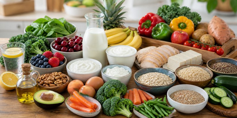 Illustrated bowl of gout diet foods to eat on a flare-friendly plate