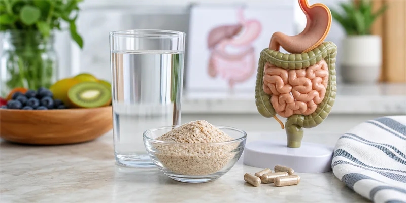 fiber supplements for constipation with water, capsules, and a digestive model