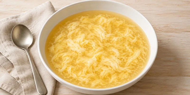 Overhead bowl of diverticulitis egg drop soup on a light wood surface