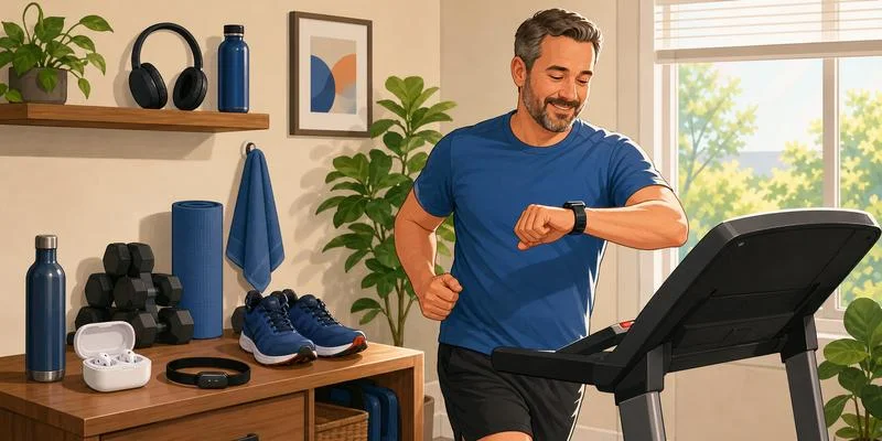Fitness tech gifts for dads home treadmill and smartwatch scene