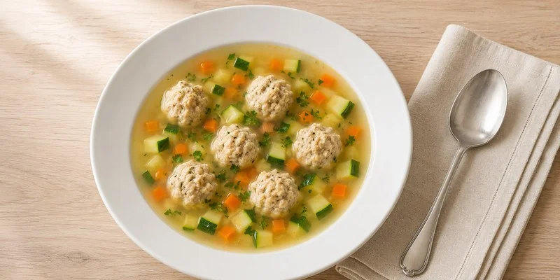 Overhead bowl of low fat turkey meatball soup on a light wood surface