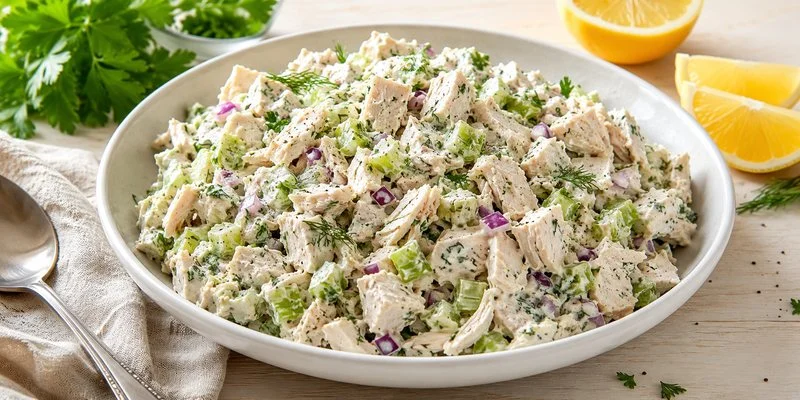 High protein chicken salad with Greek yogurt, celery, herbs, and lemon