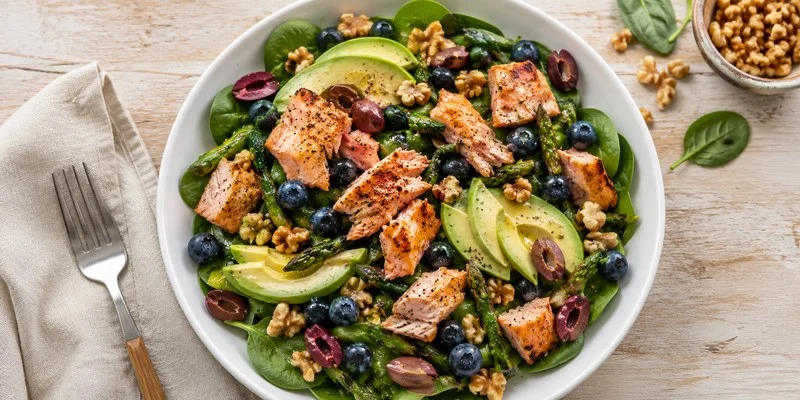 Overhead bowl of high protein salmon salad on a light wood surface