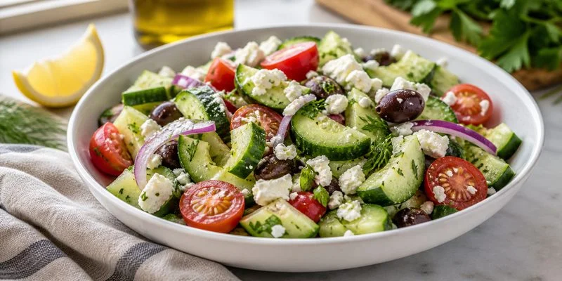Mediterranean cucumber salad recipe in a white bowl with natural cucumber slices, tomatoes, feta, olives, herbs, lemon, and olive oil