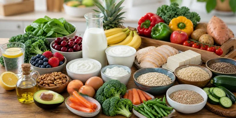 Illustrated bowl of gout diet foods to eat on a flare-friendly plate